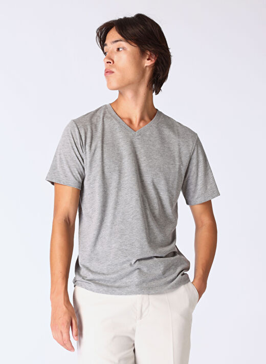 Limon Gri Melanj Erkek Basic Düz T-Shirt L4WM-TST9503  1