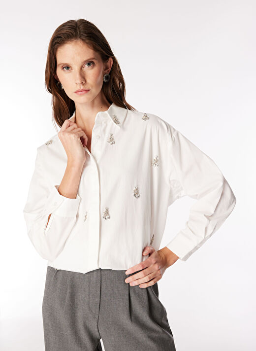 Fabrika Oversize Taşlı Beyaz Kadın Gömlek F4WL-GML0383 1