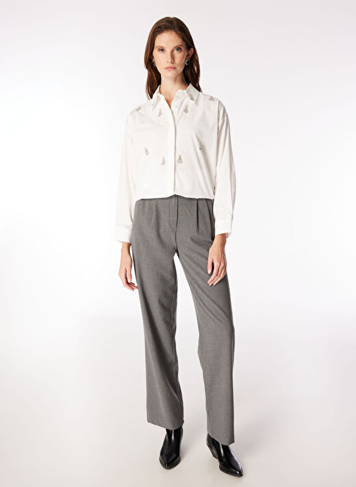 Fabrika Oversize Taşlı Beyaz Kadın Gömlek F4WL-GML0383 2