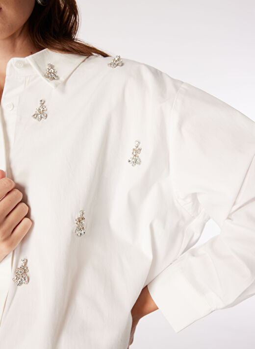 Fabrika Oversize Taşlı Beyaz Kadın Gömlek F4WL-GML0383 4