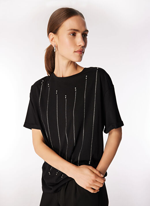 Fabrika Siyah Kadın Basic Taşlı T-Shirt F4WL-TST0556 1