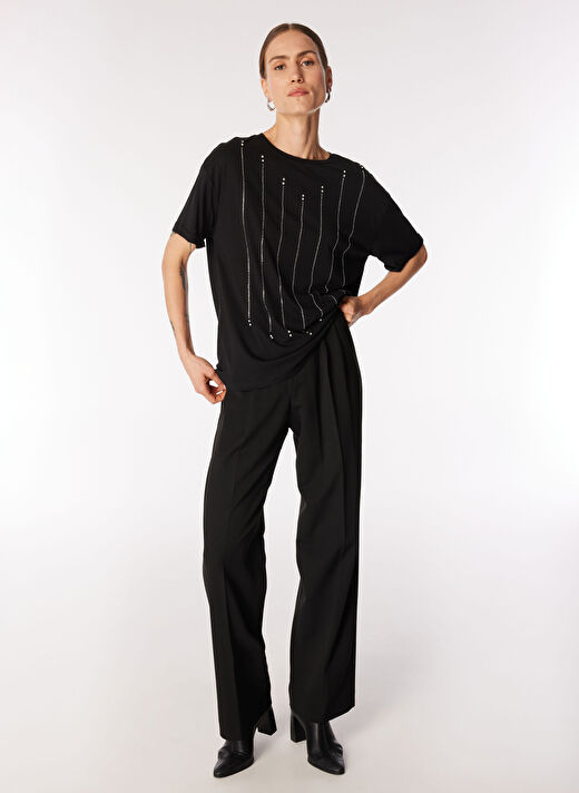 Fabrika Siyah Kadın Basic Taşlı T-Shirt F4WL-TST0556 2