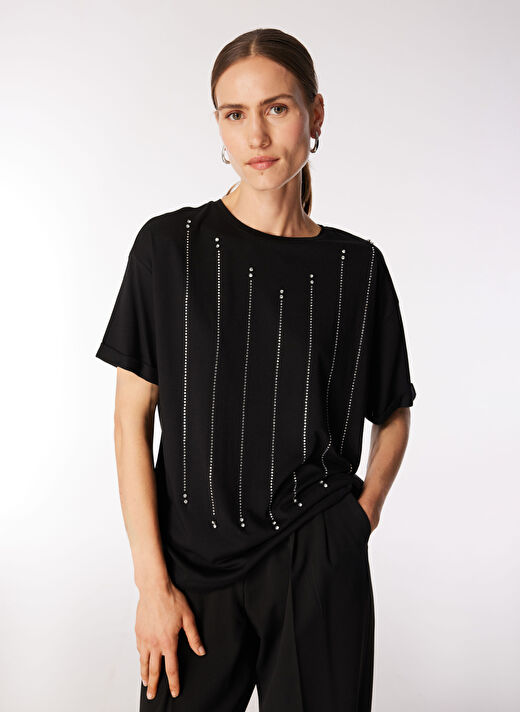 Fabrika Siyah Kadın Basic Taşlı T-Shirt F4WL-TST0556 3