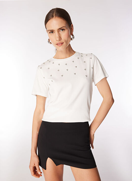 Fabrika Comfort Kırık Beyaz Kadın Basic Taşlı T-Shirt FC4WL-TST0515 3