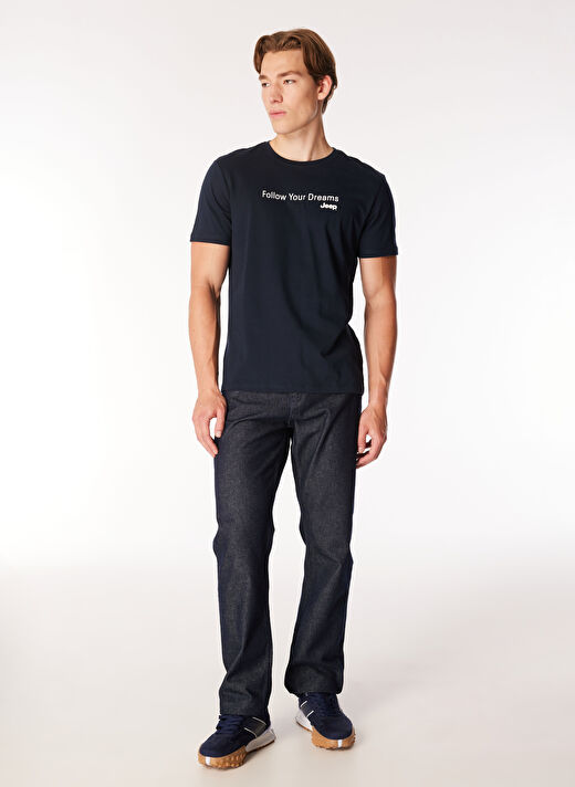Lacivert Erkek Bisiklet Yaka Relaxed Fit Baskılı Pamuk T-Shirt J4WM-TST7217   2
