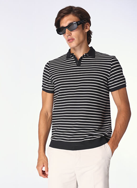 E 4.0 Design Studio x Fabrika Beyaz - Siyah Erkek Basic Çizgili Polo T-Shirt F4SM-TST F30  1