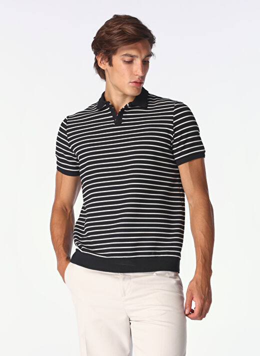 E 4.0 Design Studio x Fabrika Beyaz - Siyah Erkek Basic Çizgili Polo T-Shirt F4SM-TST F30  4