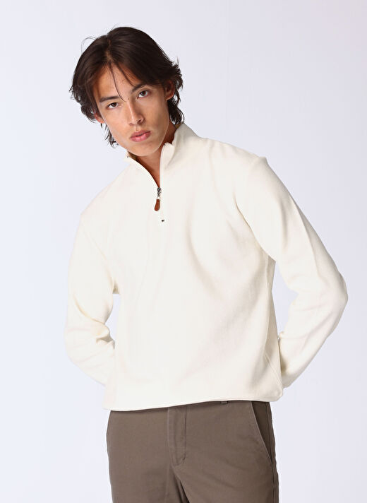 Limon Ekru Erkek Fermuarlı Basic Düz Sweatshirt MML4WM-SWT9517  1