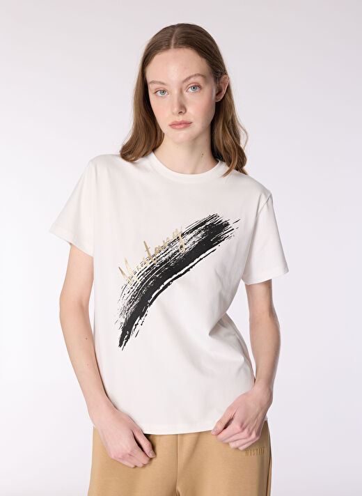 Mustang Ekru Kadın Relaxed Varaklı T-Shirt M4WL-TST-1963  1
