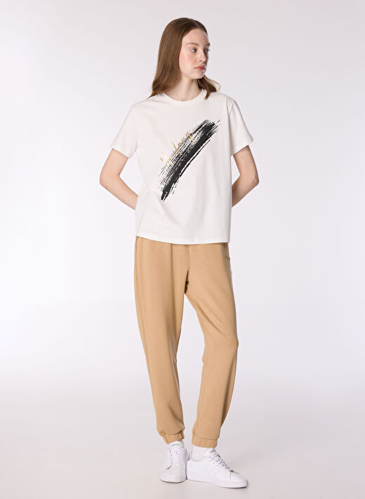 Mustang Ekru Kadın Relaxed Varaklı T-Shirt M4WL-TST-1963  2