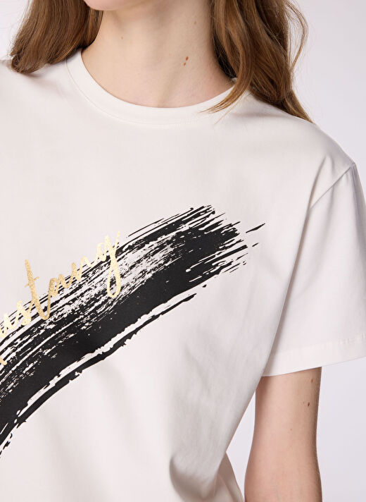 Mustang Ekru Kadın Relaxed Varaklı T-Shirt M4WL-TST-1963  4