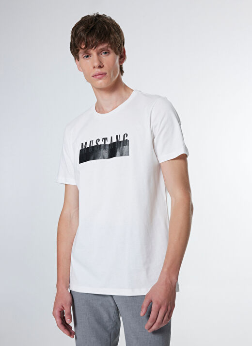 Mustang Ekru Erkek Relaxed Baskılı T-Shirt M4WM-TST-1563  4