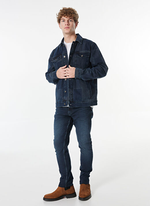Dik Yaka Yıkamalı Desen Lacivert Erkek Denim Ceket M4WM-CKT-1661 3