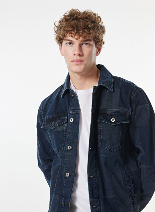 Dik Yaka Yıkamalı Desen Lacivert Erkek Denim Ceket M4WM-CKT-1661 4