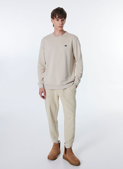 Mustang Bej Erkek Bisiklet Basic Düz Sweatshirt M4WM-SWT-1982  2