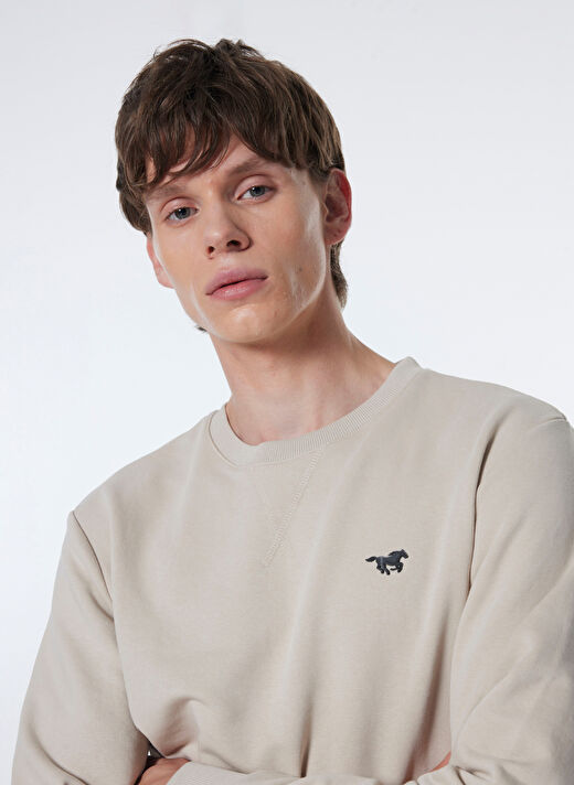Mustang Bej Erkek Bisiklet Basic Düz Sweatshirt M4WM-SWT-1982  3
