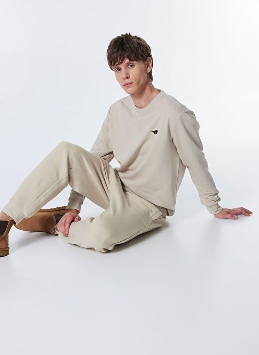 Mustang Bej Erkek Bisiklet Basic Düz Sweatshirt M4WM-SWT-1982  4