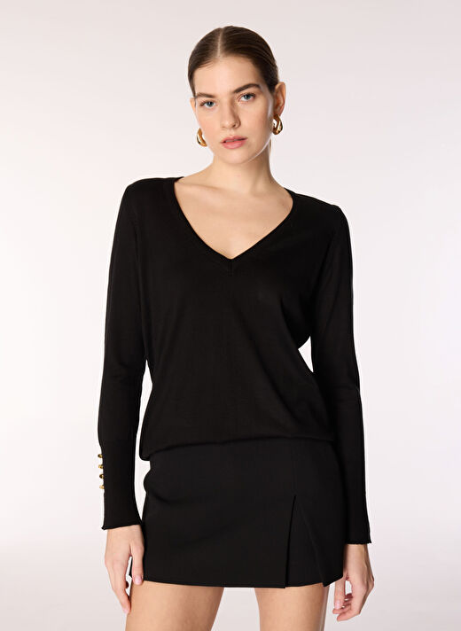People By Fabrika V Yaka Basic Fit Siyah Kadın Kazak PBF4WL-KZK5014 3