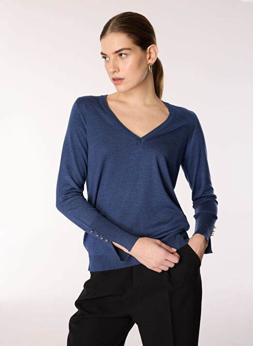 People By Fabrika İndigo Kadın V Yaka Basic Kazak PBF4WL-KZK5014 3