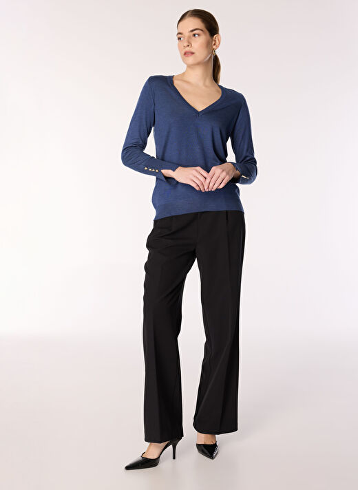 People By Fabrika İndigo Kadın V Yaka Basic Kazak PBF4WL-KZK5014 2