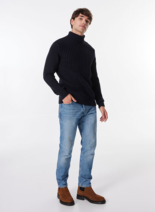 People By Fabrika Lacivert Erkek Balıkçı Yaka Basic Saç Örgü Kazak PBF4WM-KZK 5048 2