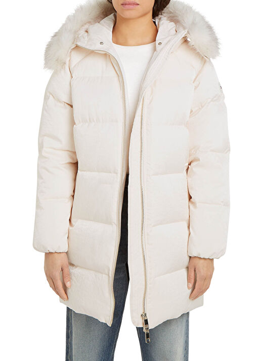 Tommy Hilfiger Beyaz Kadın Dik Yaka Standart Fit Puffer Mont MW DOWN SHIMMER COAT WITH FUR 1