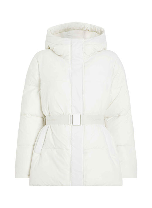 Calvin Klein Jeans Beyaz Kadın Dik Yaka Standart Fit Puffer Mont LOGO BELT SHORT PUFFER 2