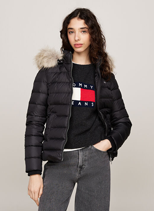 Tommy Jeans Siyah Kadın Dik Yaka Standart Fit Puffer Mont TJW BASIC HOODED DOWN JACKET EXT 2