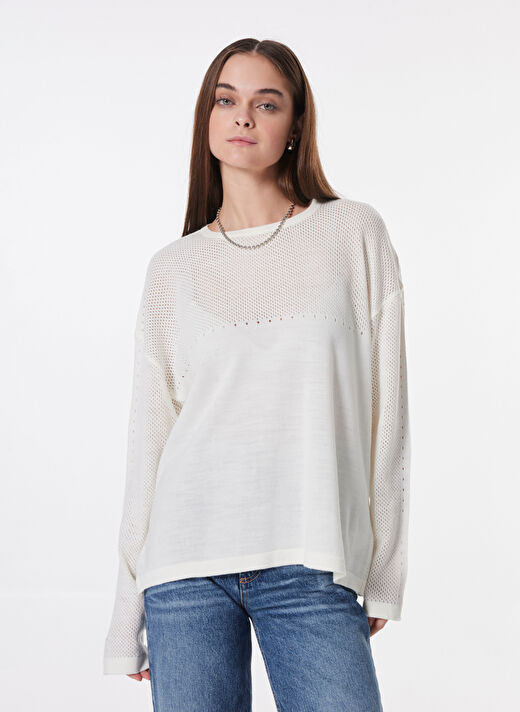 People By Fabrika Ekru Kadın Bisiklet Yaka A-Form Fit Ajurlu Kazak PBF4WL-KZK5007 2