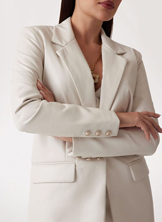 Guess Bej Kadın Normal Desenli Blazer LIA PU BLAZER - BONDED KNIT FAUX LE  3