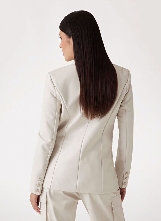 Guess Bej Kadın Normal Desenli Blazer LIA PU BLAZER - BONDED KNIT FAUX LE  4