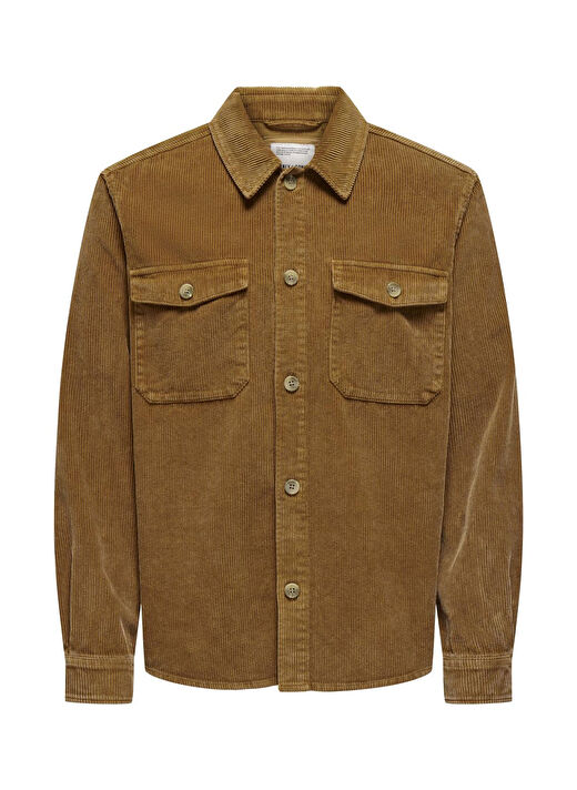 Only & Sons Kahve Erkek Gömlek Rahat Düz Gömlek ONSMARLON 8W WASH CORD OVERSHIRT  1