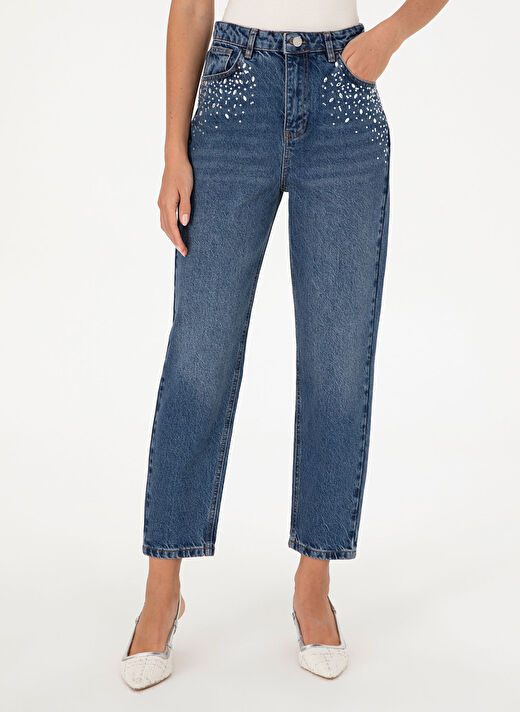 Mom Fit Taşlı İndigo Kadın Denim Pantolon FELIS 2