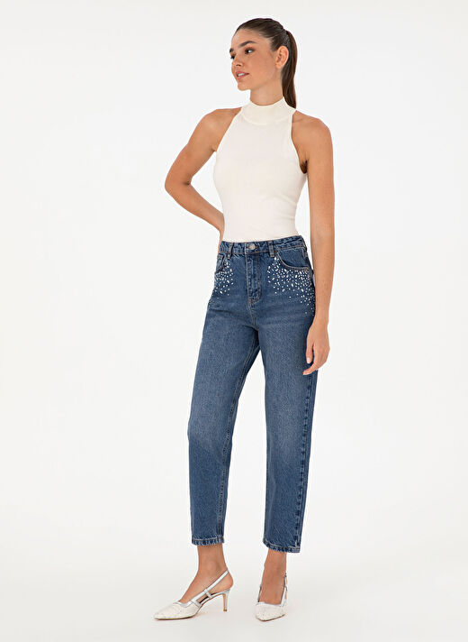 Mom Fit Taşlı İndigo Kadın Denim Pantolon FELIS 3