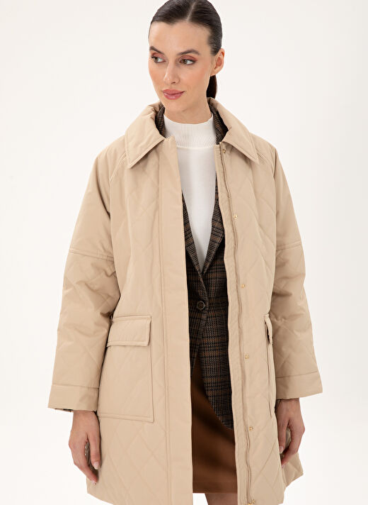 Pierre Cardin Bej Kadın Regular Fit Kapitone Kaban ERNE  3