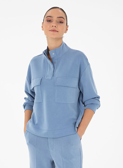 Hakim Yaka Comfort Fit Mavi Kadın Sweatshirt GERP-S 1