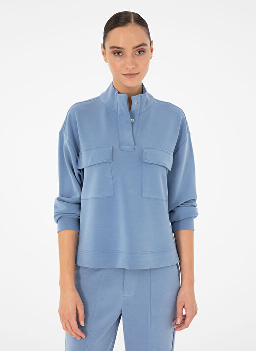 Hakim Yaka Comfort Fit Mavi Kadın Sweatshirt GERP-S 3