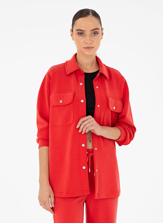 Pierre Cardin Kırmızı Kadın Gömlek Oversize Düz Hırka JUHA-C  1