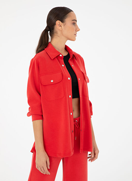 Pierre Cardin Kırmızı Kadın Gömlek Oversize Düz Hırka JUHA-C  3