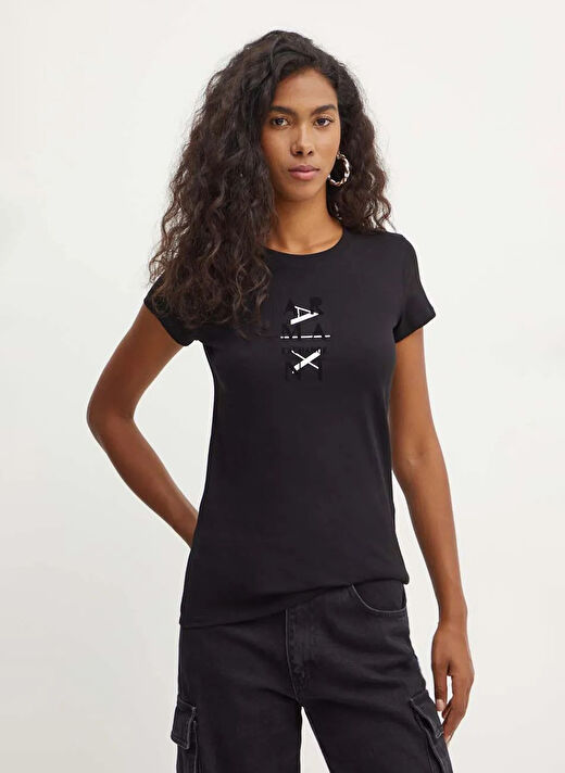 Armani Exchange Siyah Kadın Standart Baskılı T-Shirt 6DYT26  2