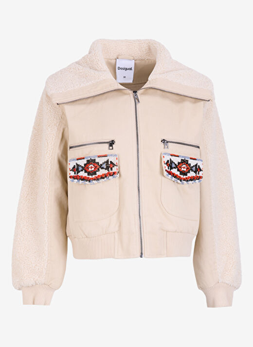 Baskılı Bej Kadın Klasik Standart Denim Ceket 24WWED06 1