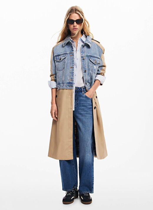 Desigual Bej - Mavi Kadın Gömlek Yaka Trençkot 24WWEWBU  1