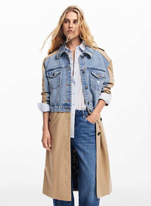 Desigual Bej - Mavi Kadın Gömlek Yaka Trençkot 24WWEWBU  2