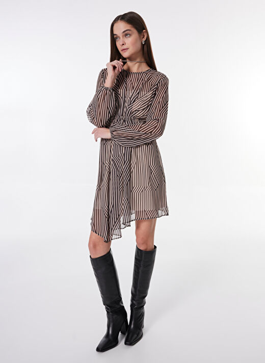 People By Fabrika Siyah-Ekru Kadın Bisiklet Yaka A Form Fit  Elbise PBFWL-ELB5563 2