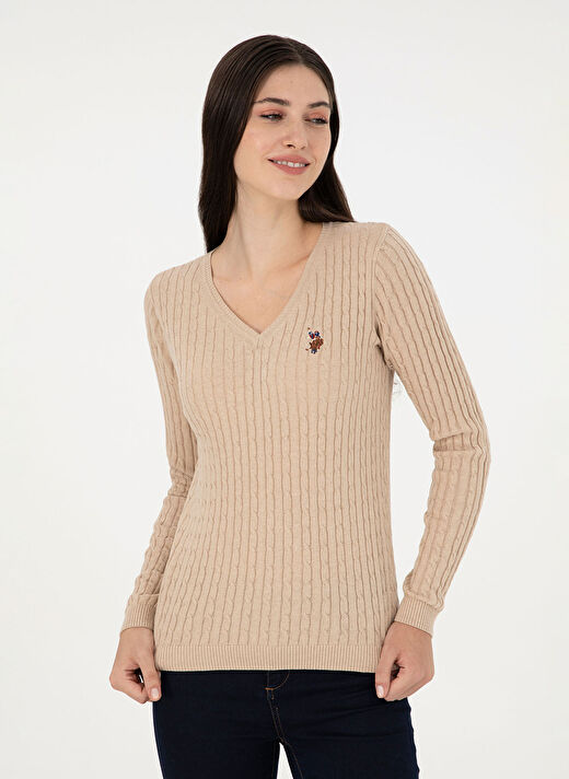 U.S. Polo Assn. Kum Melanj Kadın V Slim Fit Kazak TK03-BSK24  3