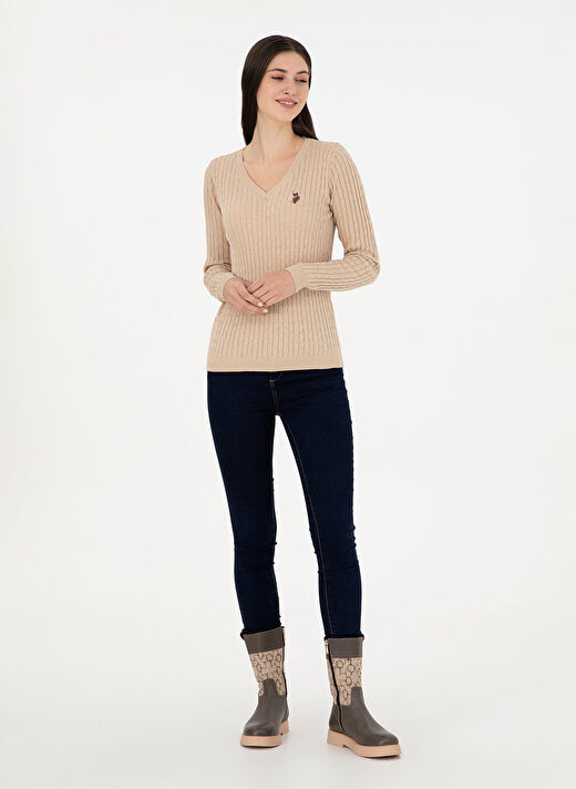 U.S. Polo Assn. Kum Melanj Kadın V Slim Fit Kazak TK03-BSK24  4
