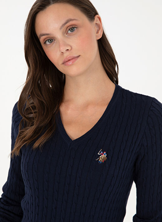 U.S. Polo Assn. V Yaka Slim Fit Lacivert Kadın Kazak TK03-BSK24 2