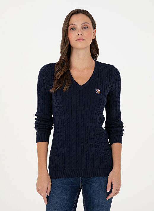 U.S. Polo Assn. V Yaka Slim Fit Lacivert Kadın Kazak TK03-BSK24 3