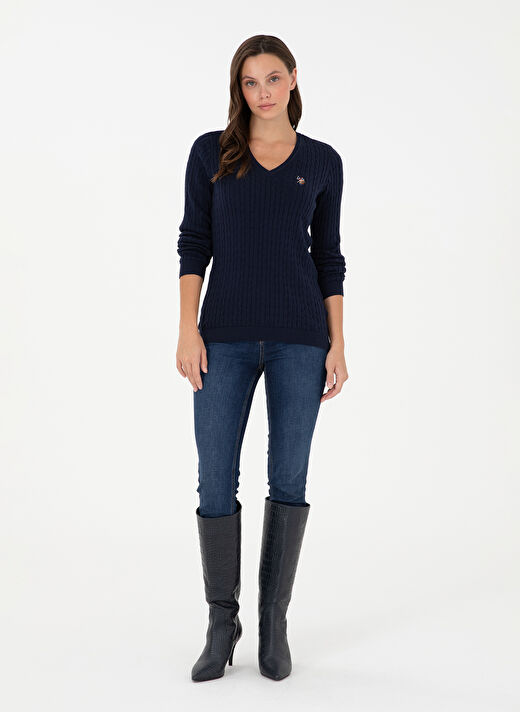 U.S. Polo Assn. V Yaka Slim Fit Lacivert Kadın Kazak TK03-BSK24 4