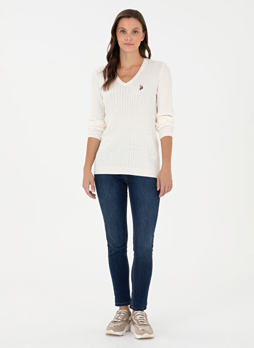 U.S. Polo Assn. Ekru Kadın V Slim Fit Kazak TK03-BSK24  4